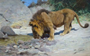 "Lion at the watering place"
Oil on canvas, 19 x 32 cm
signed
